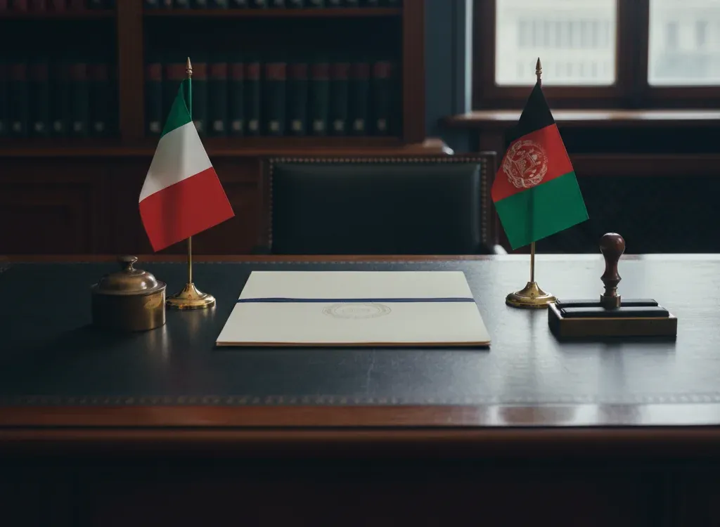 Codice fiscale italiano per cittadini nati in Afghanistan — scena d'archivio istituzionale con bandiere Afghanistan e Italia, codice catastale Z200