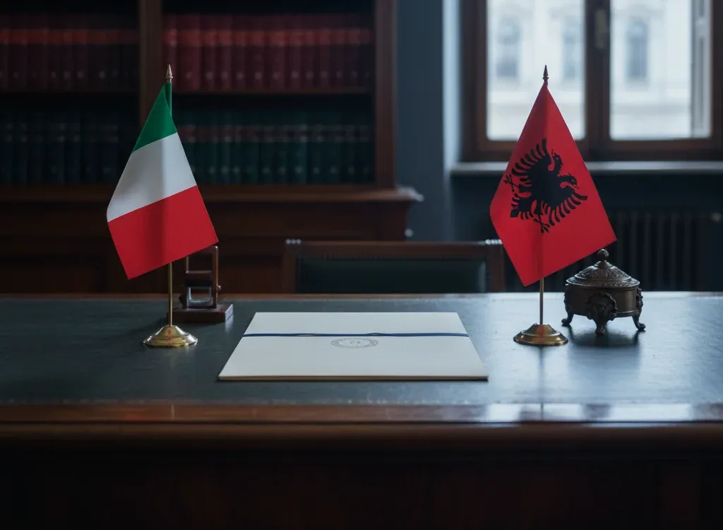 Codice fiscale italiano per cittadini nati in Albania — scena d'archivio istituzionale con bandiere Albania e Italia, codice catastale Z100