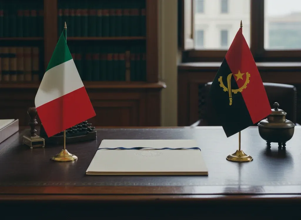 Codice fiscale italiano per cittadini nati in Angola — scena d'archivio istituzionale con bandiere Angola e Italia, codice catastale Z302