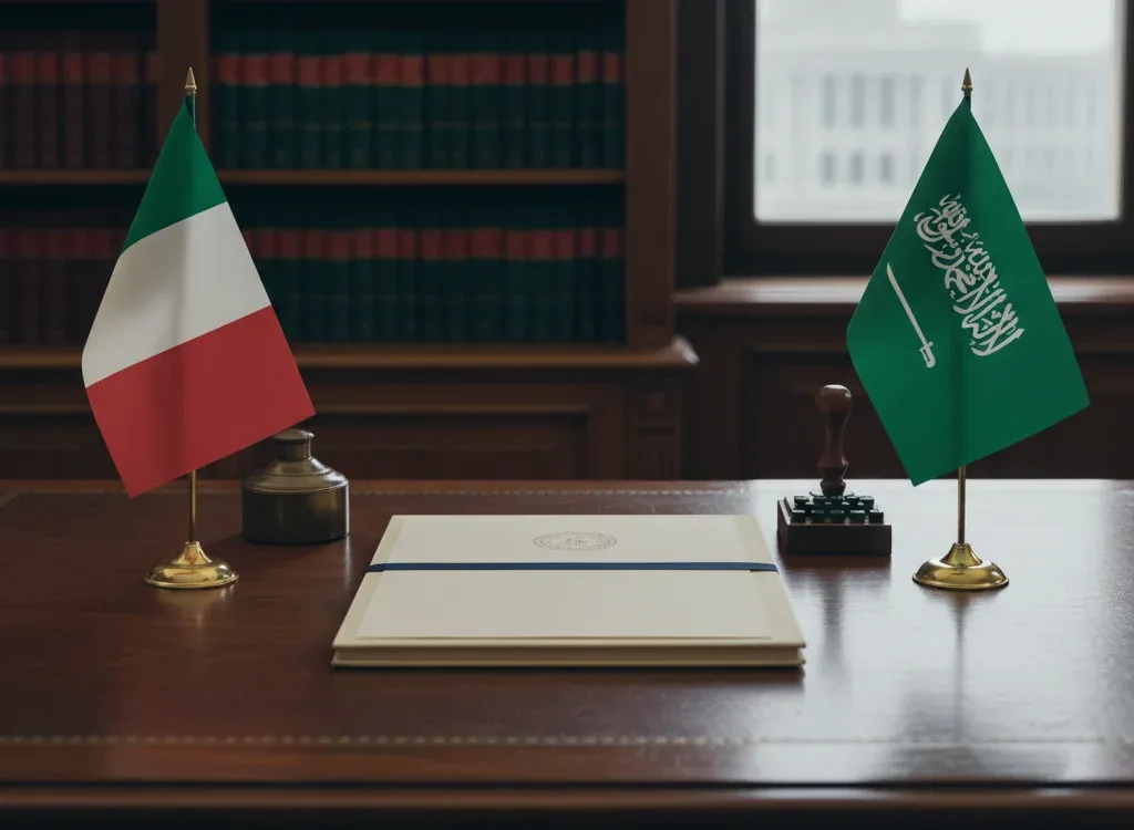 Codice fiscale italiano per cittadini nati in Arabia Saudita — scena d'archivio istituzionale con bandiere Arabia Saudita e Italia, codice catastale Z203