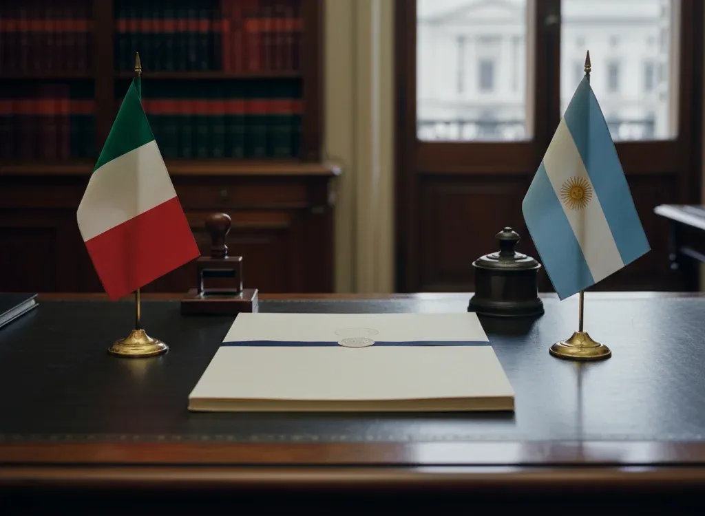 Codice fiscale italiano per cittadini nati in Argentina — scena d'archivio istituzionale con bandiere Argentina e Italia, codice catastale Z600