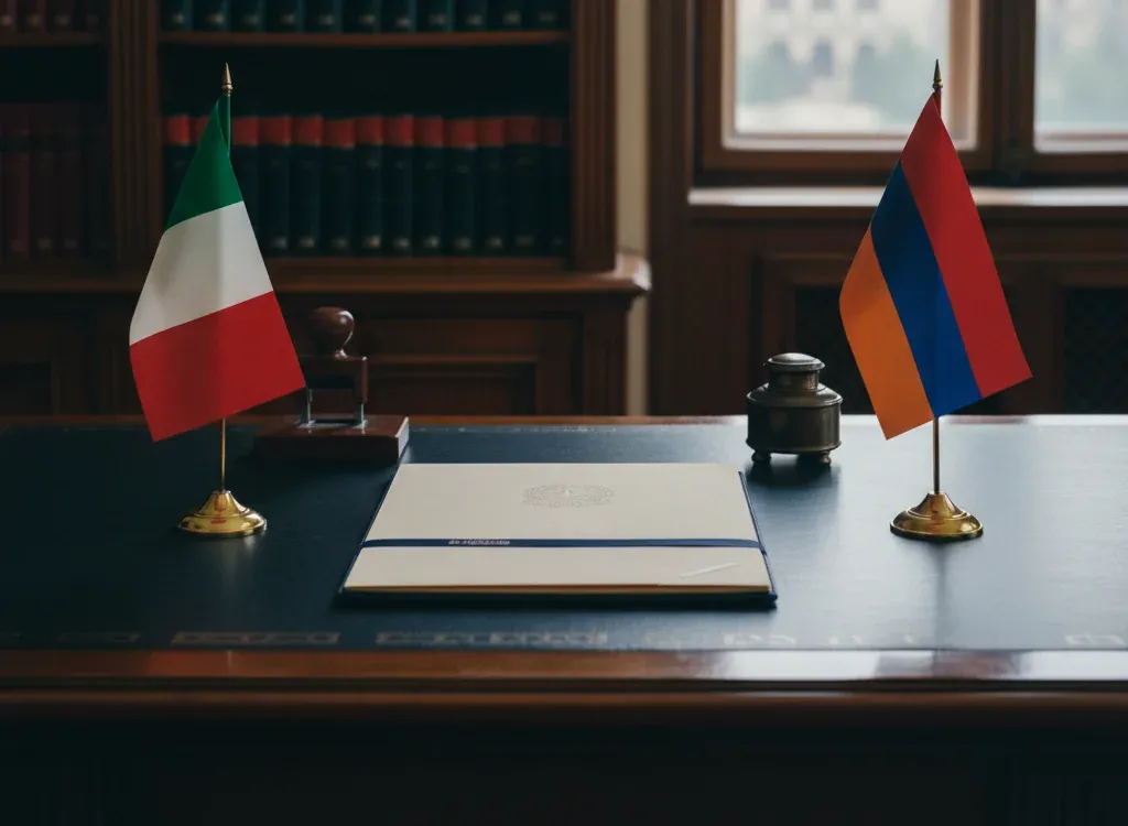 Codice fiscale italiano per cittadini nati in Armenia — scena d'archivio istituzionale con bandiere Armenia e Italia, codice catastale Z252