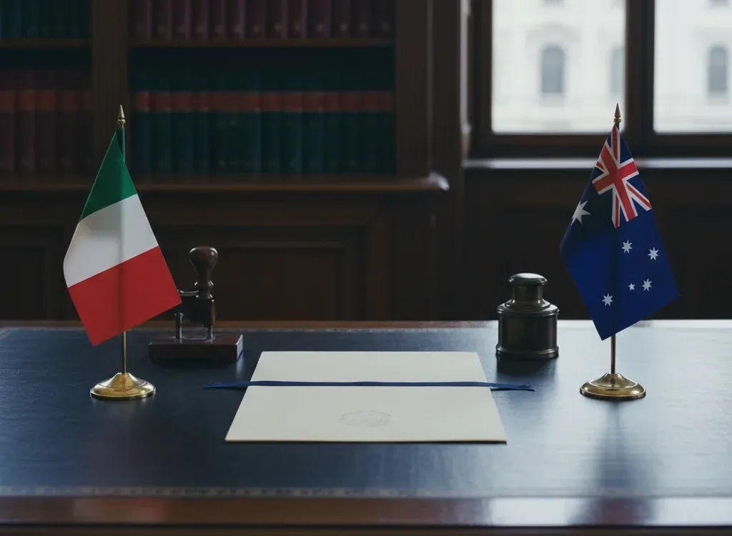 Codice fiscale italiano per cittadini nati in Australia — scena d'archivio istituzionale con bandiere Australia e Italia, codice catastale Z700