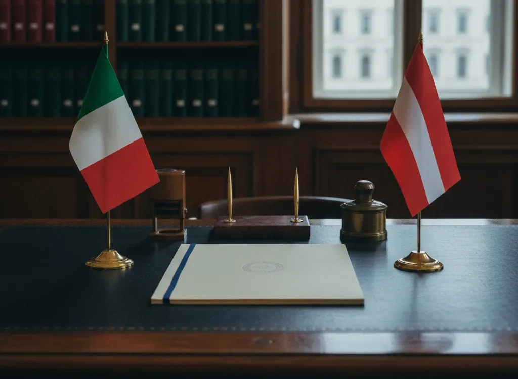 Codice fiscale italiano per cittadini nati in Austria — scena d'archivio istituzionale con bandiere Austria e Italia, codice catastale Z102
