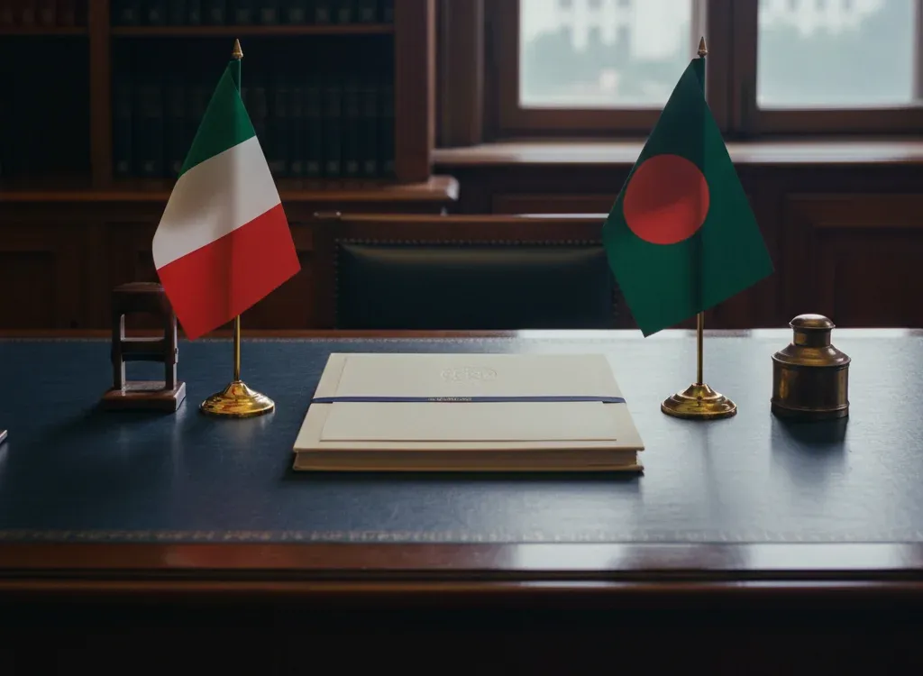 Codice fiscale italiano per cittadini nati nel Bangladesh — scena d'archivio istituzionale con bandiere Bangladesh e Italia, codice catastale Z249