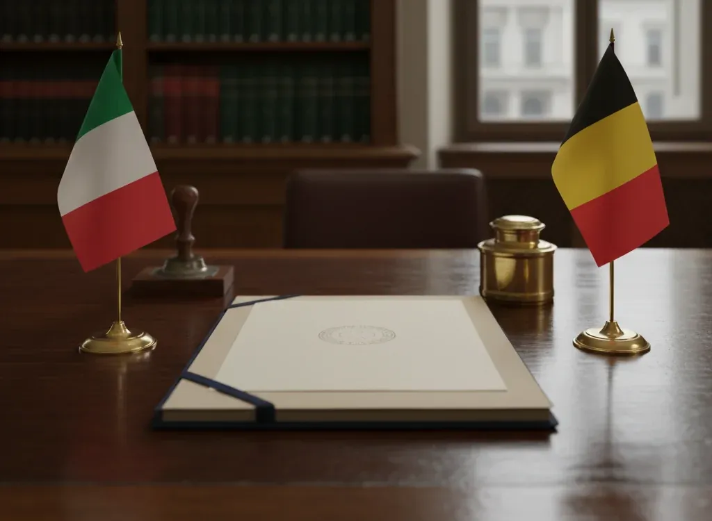 Codice fiscale italiano per cittadini nati in Belgio — scena d'archivio istituzionale con bandiere Belgio e Italia, codice catastale Z103