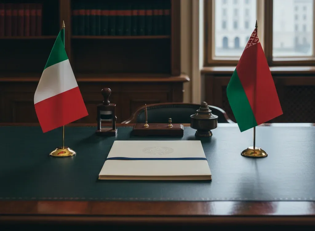 Codice fiscale italiano per cittadini nati in Bielorussia — scena d'archivio istituzionale con bandiere Bielorussia e Italia, codice catastale Z139