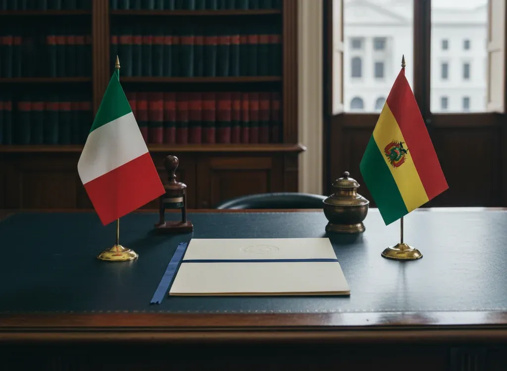 Codice fiscale italiano per cittadini nati in Bolivia — scena d'archivio istituzionale con bandiere Bolivia e Italia, codice catastale Z601