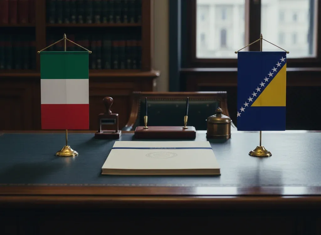 Codice fiscale italiano per cittadini nati in Bosnia-Erzegovina — scena d'archivio istituzionale con bandiere Bosnia-Erzegovina e Italia, codice catastale Z153