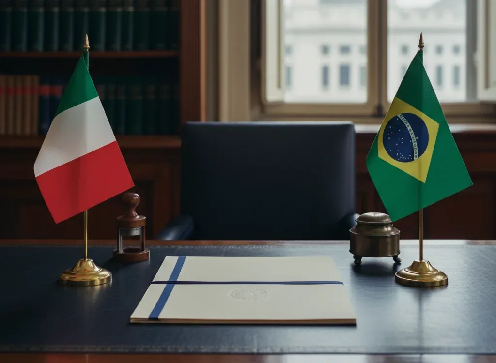 Codice fiscale italiano per cittadini nati in Brasile — scena d'archivio istituzionale con bandiere Brasile e Italia, codice catastale Z602