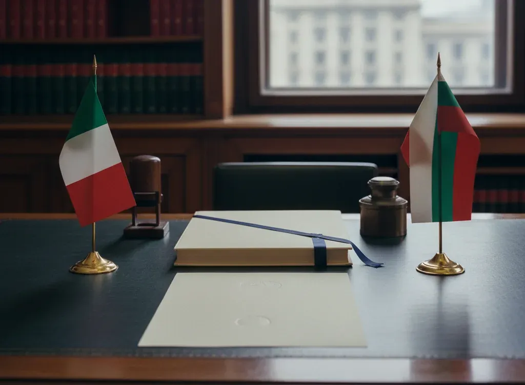 Codice fiscale italiano per cittadini nati in Bulgaria — scena d'archivio istituzionale con bandiere Bulgaria e Italia, codice catastale Z104