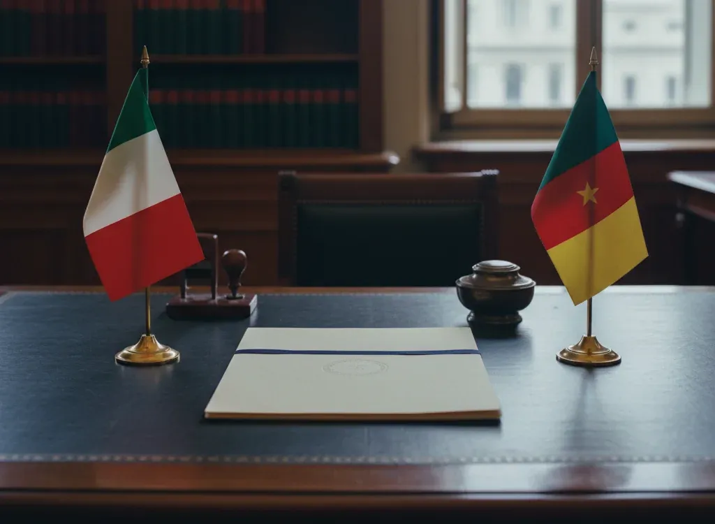 Codice fiscale italiano per cittadini nati in Camerun — scena d'archivio istituzionale con bandiere Camerun e Italia, codice catastale Z306