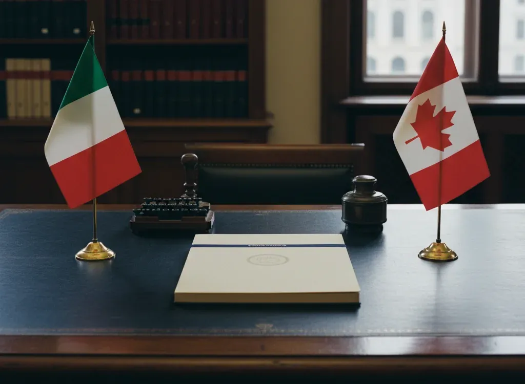 Codice fiscale italiano per cittadini nati in Canada — scena d'archivio istituzionale con bandiere Canada e Italia, codice catastale Z401