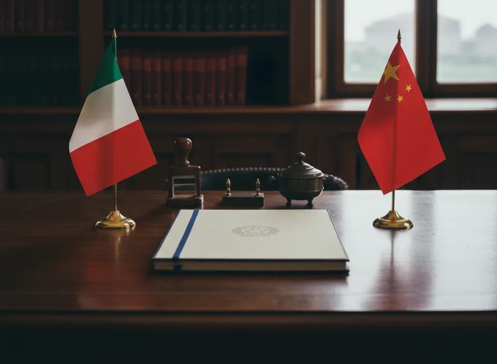 Codice fiscale italiano per cittadini nati in Cina — scena d'archivio istituzionale con bandiere Cina e Italia, codice catastale Z210