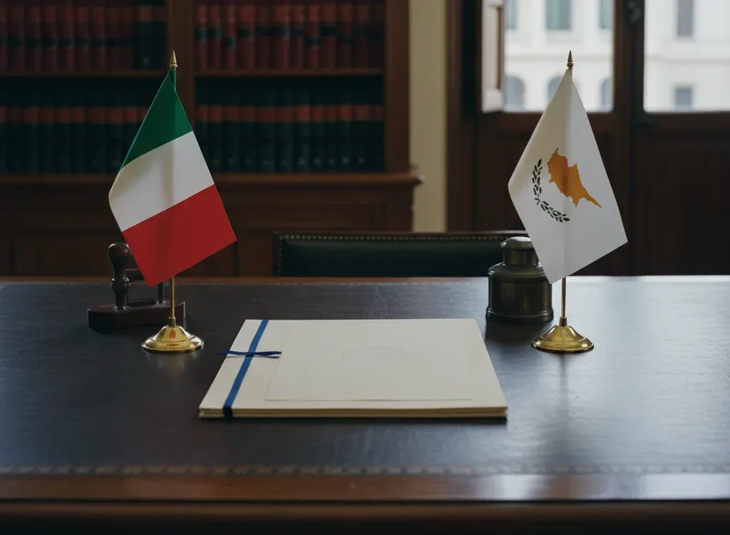 Codice fiscale italiano per cittadini nati a Cipro — scena d'archivio istituzionale con bandiere Cipro e Italia, codice catastale Z211