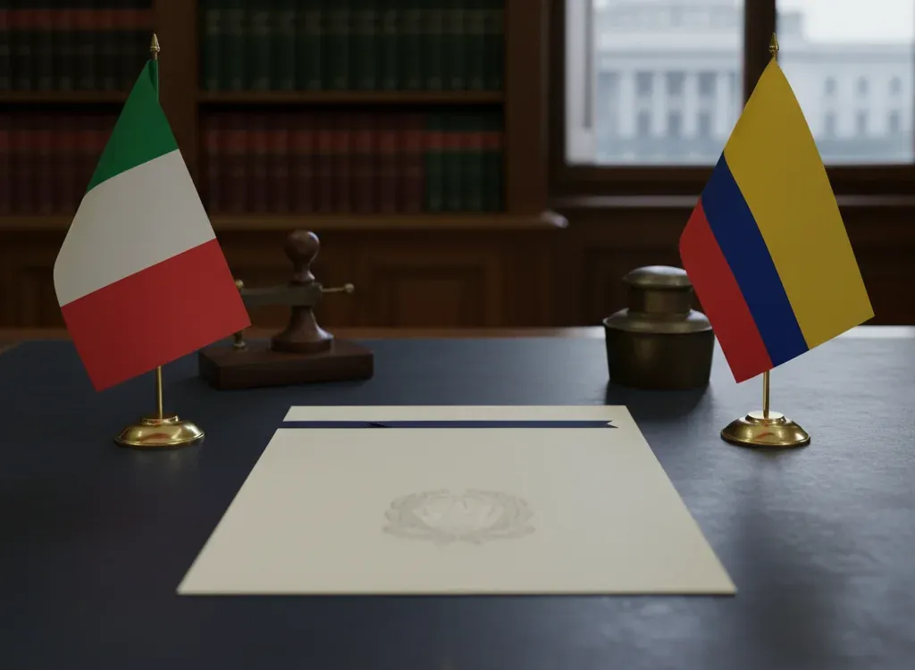 Codice fiscale italiano per cittadini nati in Colombia — scena d'archivio istituzionale con bandiere Colombia e Italia, codice catastale Z604