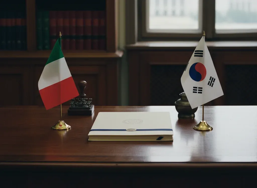 Codice fiscale italiano per cittadini nati in Corea del Sud — scena d'archivio istituzionale con bandiere Corea del Sud e Italia, codice catastale Z213