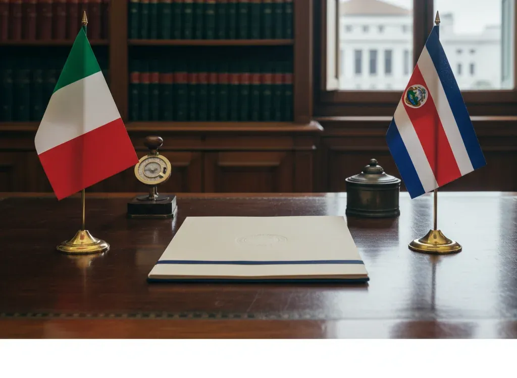 Codice fiscale italiano per cittadini nati in Costa Rica — scena d'archivio istituzionale con bandiere Costa Rica e Italia, codice catastale Z503