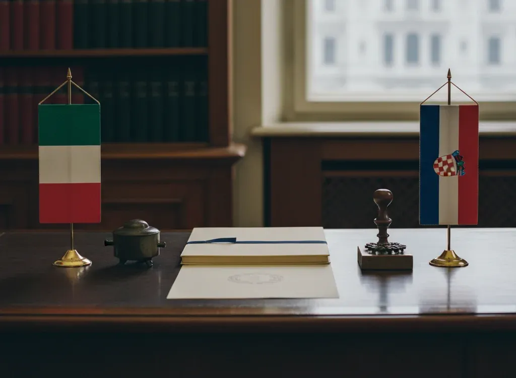 Codice fiscale italiano per cittadini nati in Croazia — scena d'archivio istituzionale con bandiere Croazia e Italia, codice catastale Z149