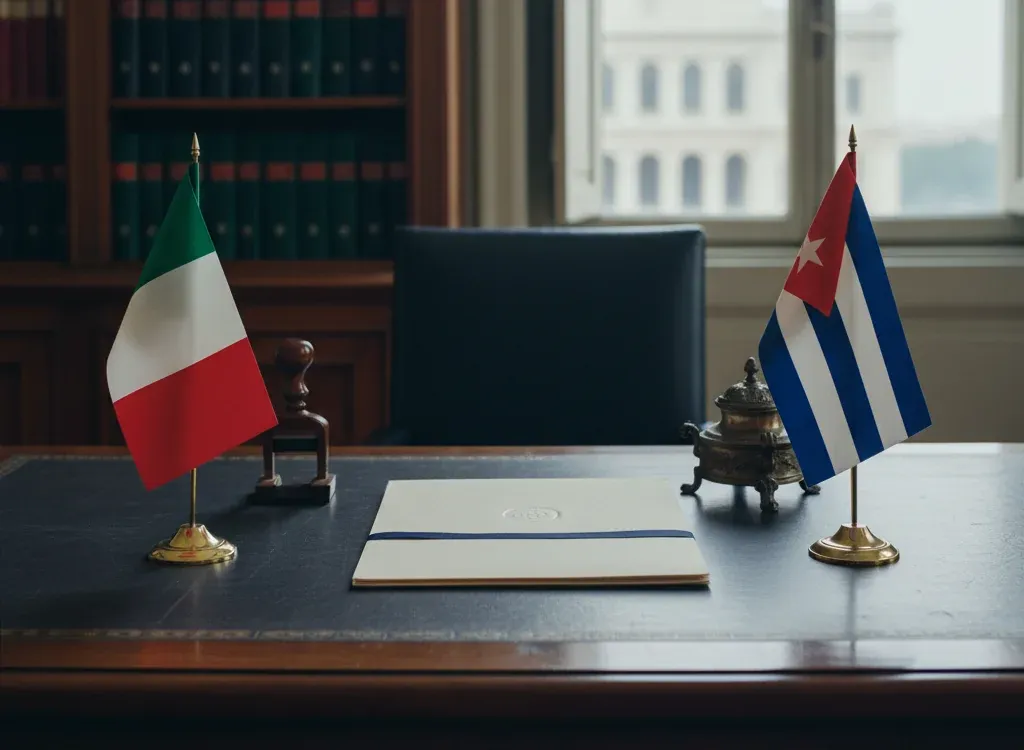 Codice fiscale italiano per cittadini nati a Cuba — scena d'archivio istituzionale con bandiere Cuba e Italia, codice catastale Z504