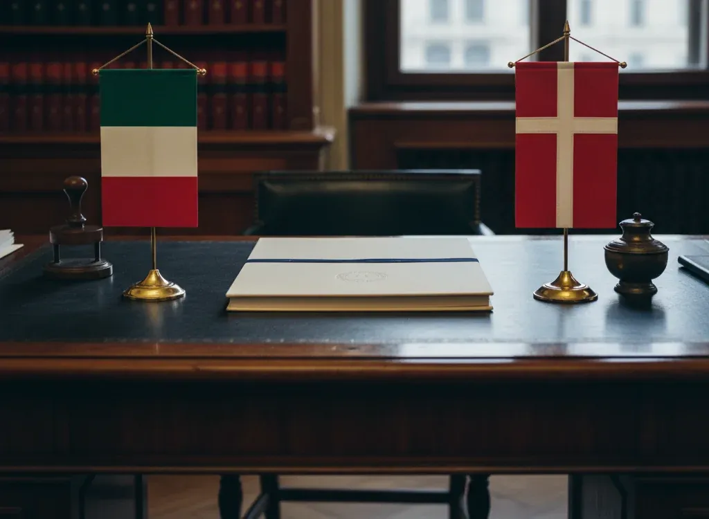 Codice fiscale italiano per cittadini nati in Danimarca — scena d'archivio istituzionale con bandiere Danimarca e Italia, codice catastale Z107
