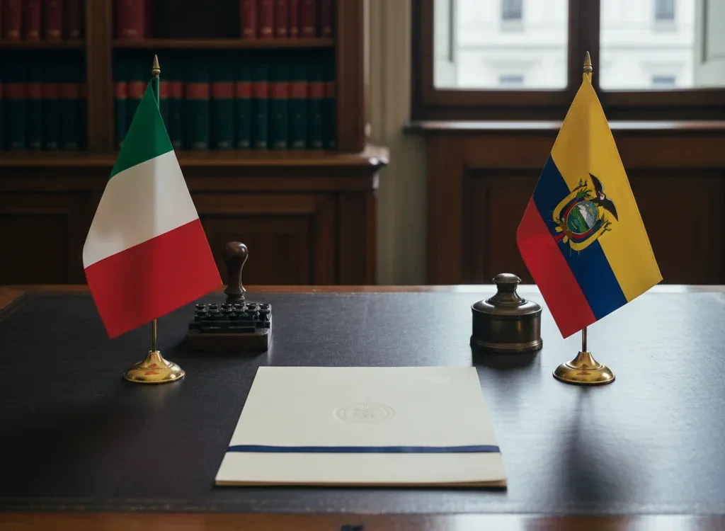 Codice fiscale italiano per cittadini nati in Ecuador — scena d'archivio istituzionale con bandiere Ecuador e Italia, codice catastale Z605