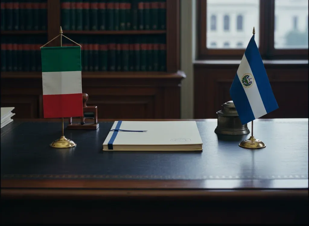 Codice fiscale italiano per cittadini nati in El Salvador — scena d'archivio istituzionale con bandiere El Salvador e Italia, codice catastale Z506