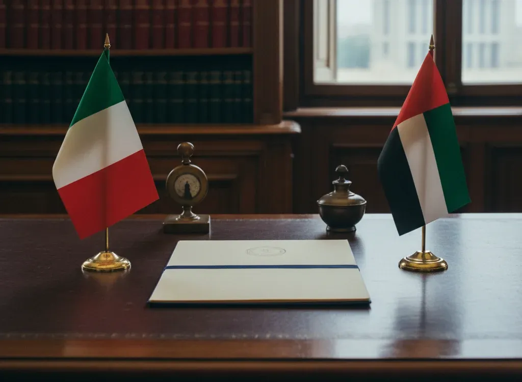 Codice fiscale italiano per cittadini nati negli Emirati Arabi Uniti — scena d'archivio istituzionale con bandiere Emirati Arabi Uniti e Italia, codice catastale Z215