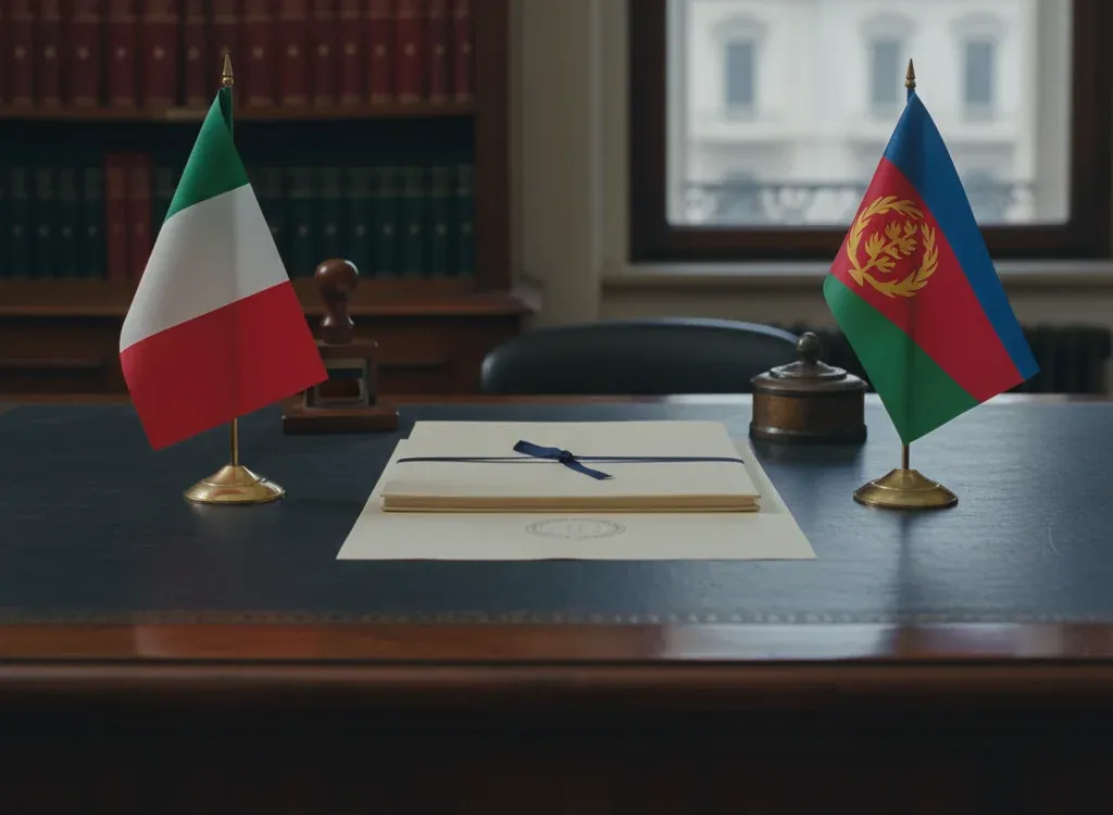 Codice fiscale italiano per cittadini nati in Eritrea — scena d'archivio istituzionale con bandiere Eritrea e Italia, codice catastale Z368