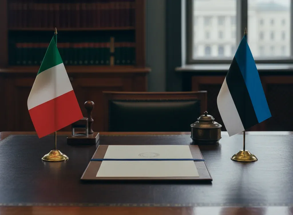 Codice fiscale italiano per cittadini nati in Estonia — scena d'archivio istituzionale con bandiere Estonia e Italia, codice catastale Z144