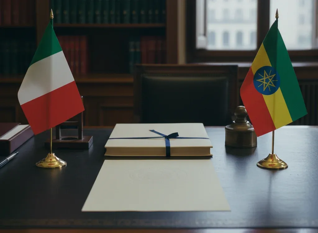 Codice fiscale italiano per cittadini nati in Etiopia — scena d'archivio istituzionale con bandiere Etiopia e Italia, codice catastale Z315