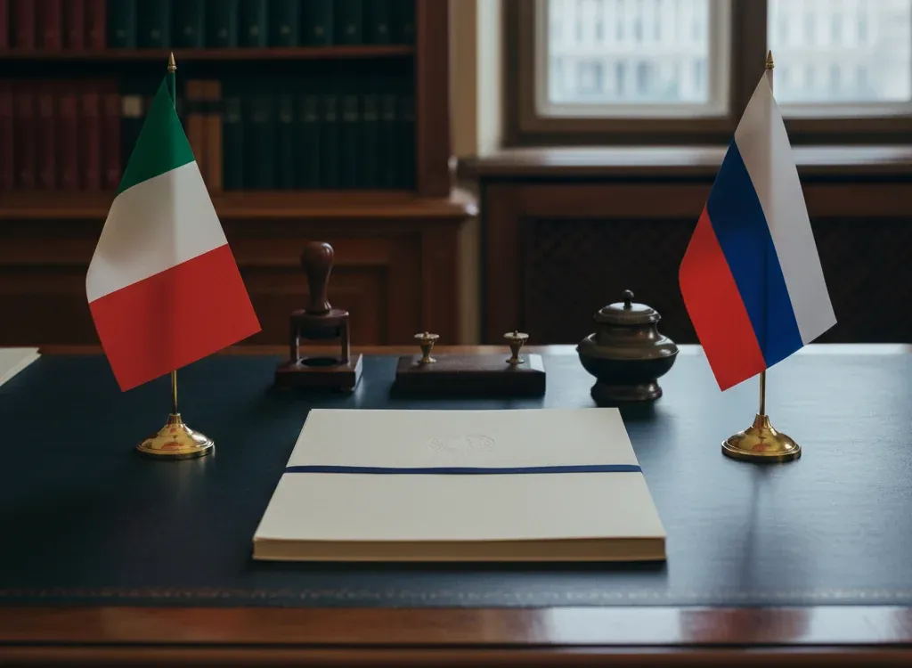 Codice fiscale italiano per cittadini nati in Russia — scena d'archivio istituzionale con bandiere Russia e Italia, codice catastale Z154