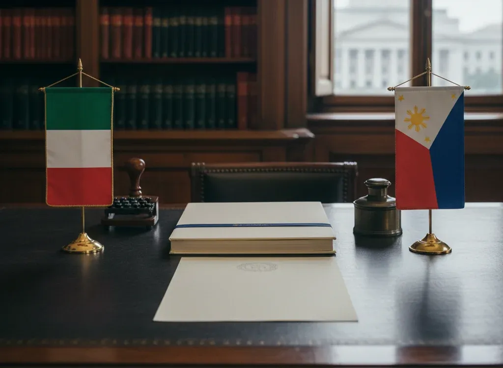 Codice fiscale italiano per cittadini nati nelle Filippine — scena d'archivio istituzionale con bandiere Filippine e Italia, codice catastale Z216