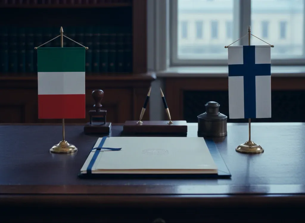 Codice fiscale italiano per cittadini nati in Finlandia — scena d'archivio istituzionale con bandiere Finlandia e Italia, codice catastale Z109