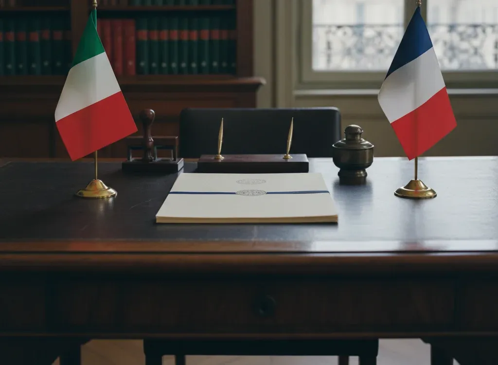 Codice fiscale italiano per cittadini nati in Francia — scena d'archivio istituzionale con bandiere Francia e Italia, codice catastale Z110