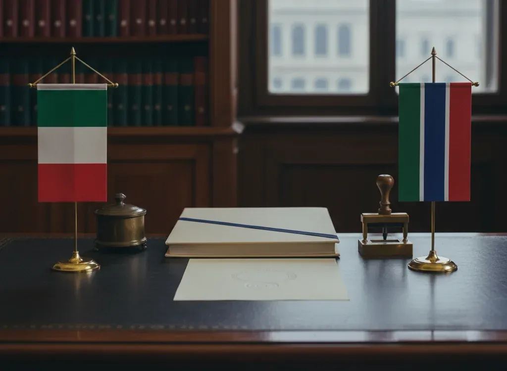 Codice fiscale italiano per cittadini nati in Gambia — scena d'archivio istituzionale con bandiere Gambia e Italia, codice catastale Z317