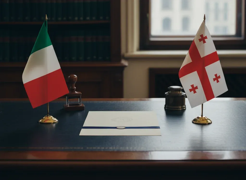 Codice fiscale italiano per cittadini nati in Georgia — scena d'archivio istituzionale con bandiere Georgia e Italia, codice catastale Z254