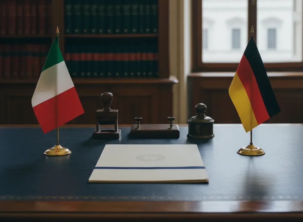 Codice fiscale italiano per cittadini nati in Germania — scena d'archivio istituzionale con bandiere Germania e Italia, codice catastale Z112