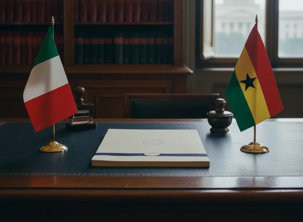 Codice fiscale italiano per cittadini nati in Ghana — scena d'archivio istituzionale con bandiere Ghana e Italia, codice catastale Z318