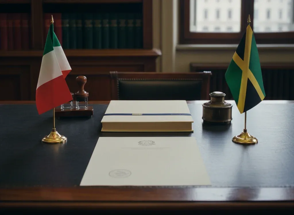 Codice fiscale italiano per cittadini nati in Giamaica — scena d'archivio istituzionale con bandiere Giamaica e Italia, codice catastale Z507