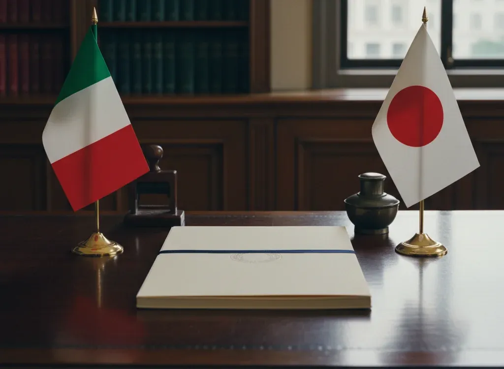 Codice fiscale italiano per cittadini nati in Giappone — scena d'archivio istituzionale con bandiere Giappone e Italia, codice catastale Z219