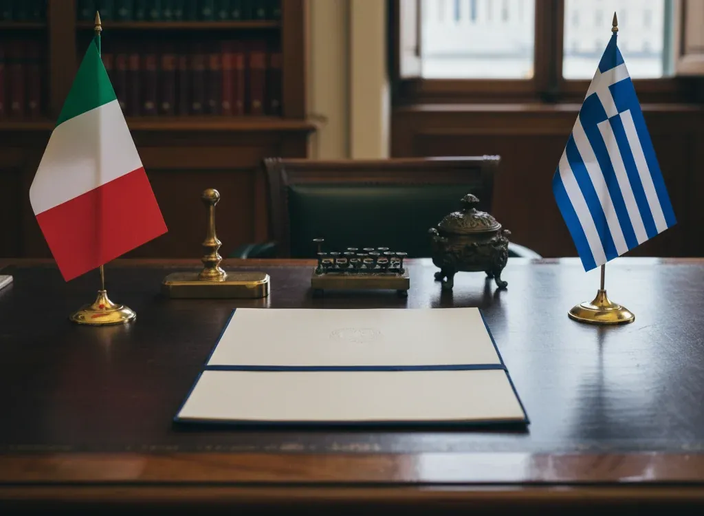 Codice fiscale italiano per cittadini nati in Grecia — scena d'archivio istituzionale con bandiere Grecia e Italia, codice catastale Z115