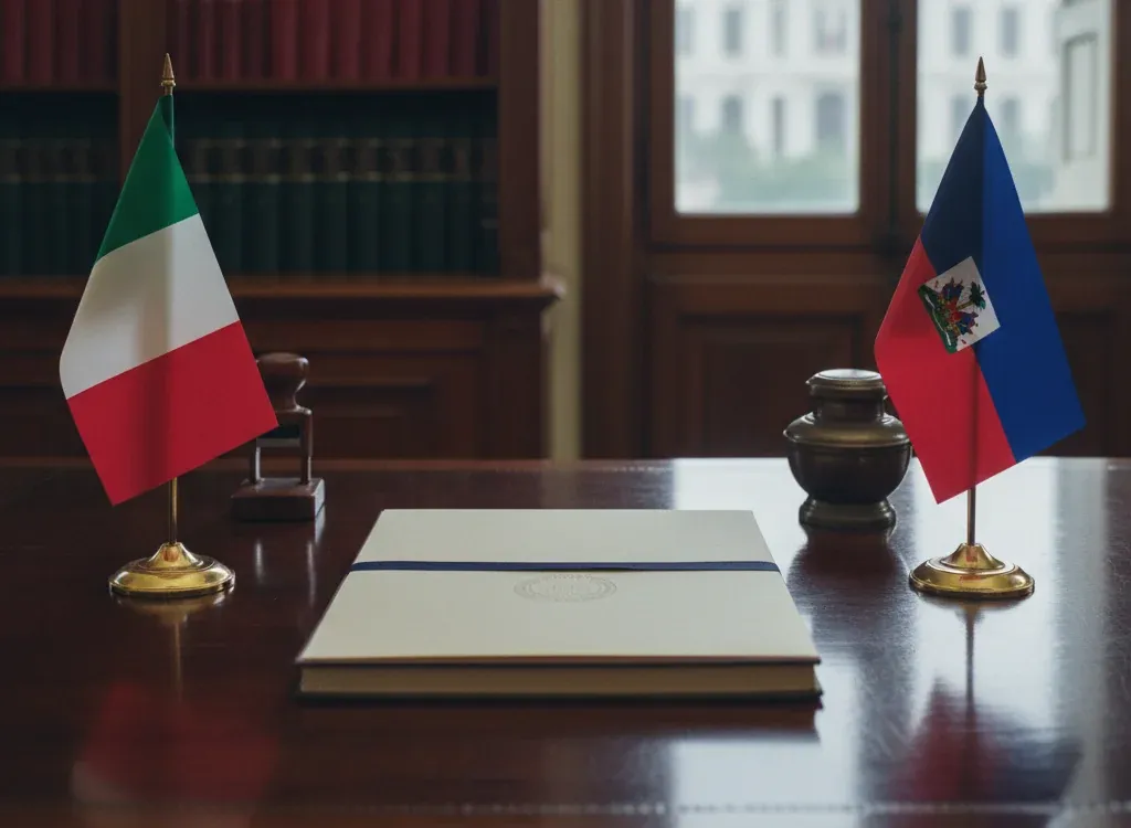 Codice fiscale italiano per cittadini nati ad Haiti — scena d'archivio istituzionale con bandiere Haiti e Italia, codice catastale Z510