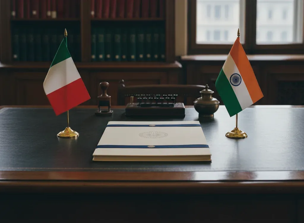 Codice fiscale italiano per cittadini nati in India — scena d'archivio istituzionale con bandiere India e Italia, codice catastale Z222