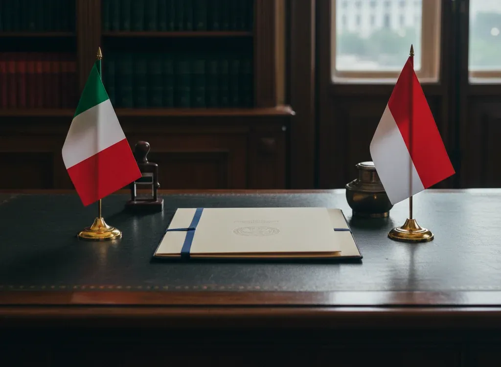 Codice fiscale italiano per cittadini nati in Indonesia — scena d'archivio istituzionale con bandiere Indonesia e Italia, codice catastale Z223