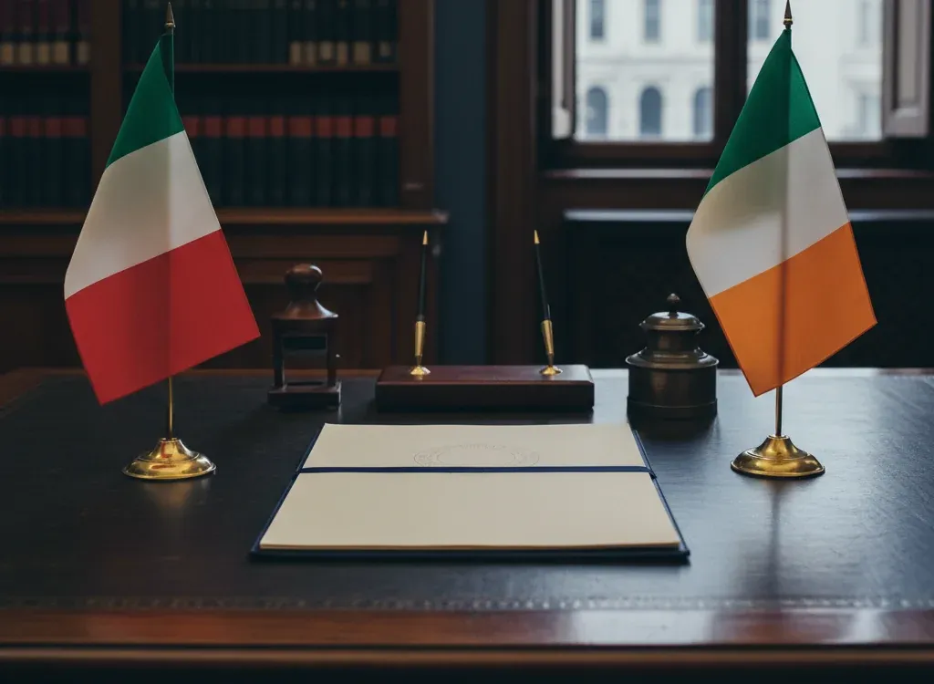 Codice fiscale italiano per cittadini nati in Irlanda — scena d'archivio istituzionale con bandiere Irlanda e Italia, codice catastale Z116