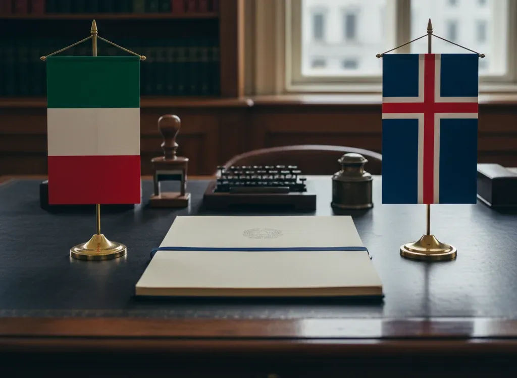 Codice fiscale italiano per cittadini nati in Islanda — scena d'archivio istituzionale con bandiere Islanda e Italia, codice catastale Z117