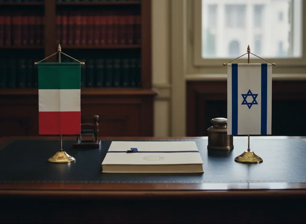 Codice fiscale italiano per cittadini nati in Israele — scena d'archivio istituzionale con bandiere Israele e Italia, codice catastale Z226