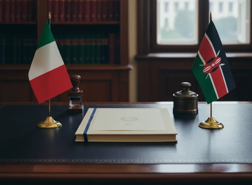 Codice fiscale italiano per cittadini nati in Kenya — scena d'archivio istituzionale con bandiere Kenya e Italia, codice catastale Z322