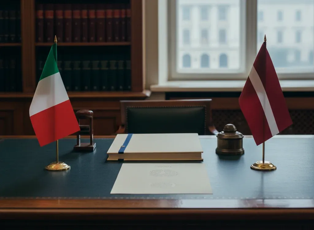 Codice fiscale italiano per cittadini nati in Lettonia — scena d'archivio istituzionale con bandiere Lettonia e Italia, codice catastale Z145